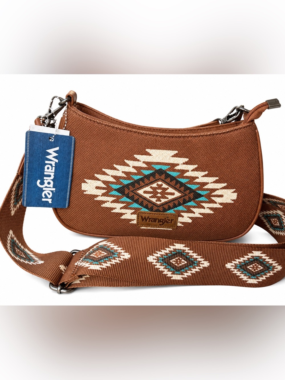 Wrangler Brown Crossbody with Turquoise and Cream Aztec Motif